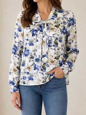 Rachel Roy Floral Tie-Neck Long Sleeve Bow Blouse – Size 12